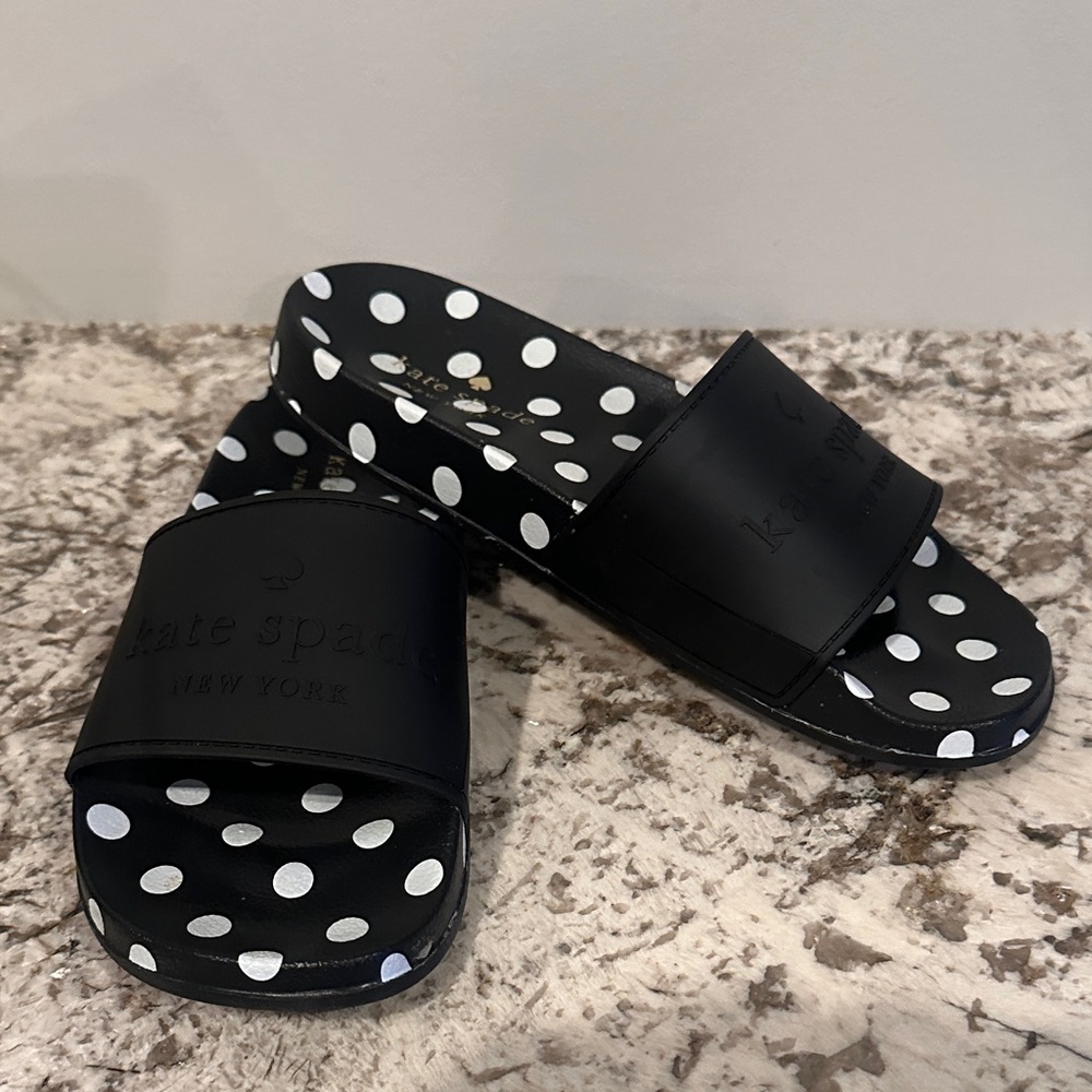 Kate Spade Black Slides with White Polka Dots